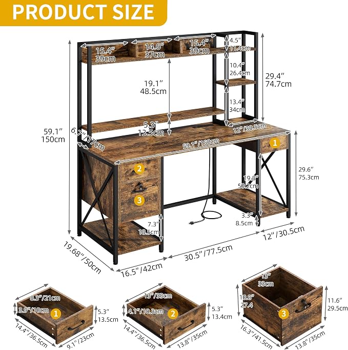 DWVO Computer Desk with Drawers & Hutch, 59.1" Office Desk with Power Outlets & LED Lights, Home Office Desk with Storage Shelves, Rustic Brown | Built-In Power Outlets, Led Lights, Hutch Shelves, Storage Drawers, for Home Office Work Study, Easy Assembly - Image 2