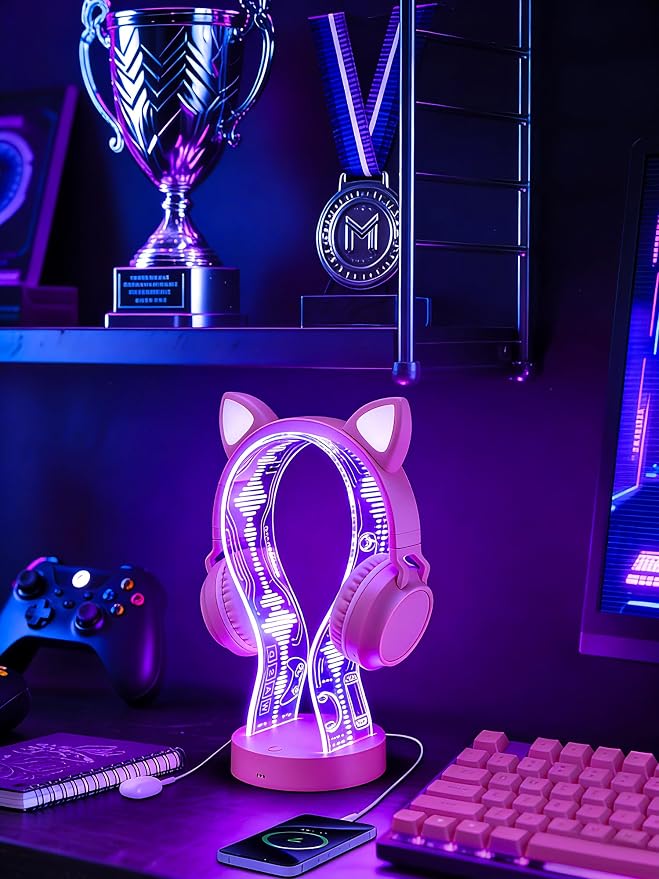 CoolGift Mart Light Up Headphone Stand with 16 Color Lights, Game Pattern Acrylic Headset Stand with 1 USB and 1 Type-C Charging Ports, Gifts for Girls Women Gamers and Music Lovers - Image 8
