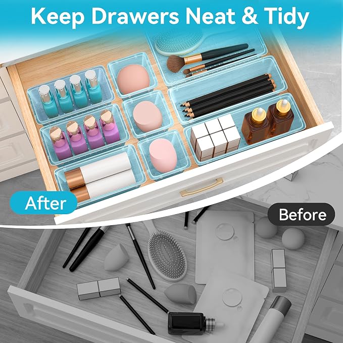 ElegantArray 12 PCS Drawer Organizer Set, Makeup Organizers, Sea Blue | 4 Sizes, Plastic, Stackable, Multiple Gadgets, Desk Drawer Divider Organizers, for Makeup, Office Supplies Storage - Image 5