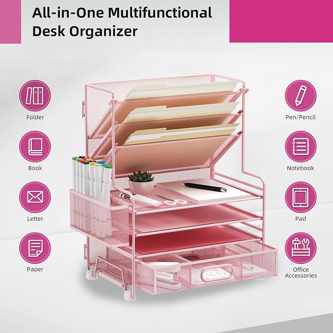 MINDEPOT 4-Tier Paper Organizer + 3-Pocket File Holder + Drawer + Pen Holders, Desktop File Organizers Paper Tray for Office Supplies School Classroom Organization (Pink, with Drawer & Pen Holder) - Image 3
