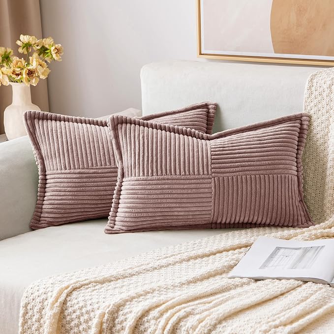 MIULEE Spring Decorative Lumbar Throw Pillow Covers for Couch Bed Livingroom 12x20 Inch Set of 2 Blush Pink Boho Throw Pllows Broadside Striped Patchwork Soft Corduroy Pillowcases Valentine Decor by MIULEE