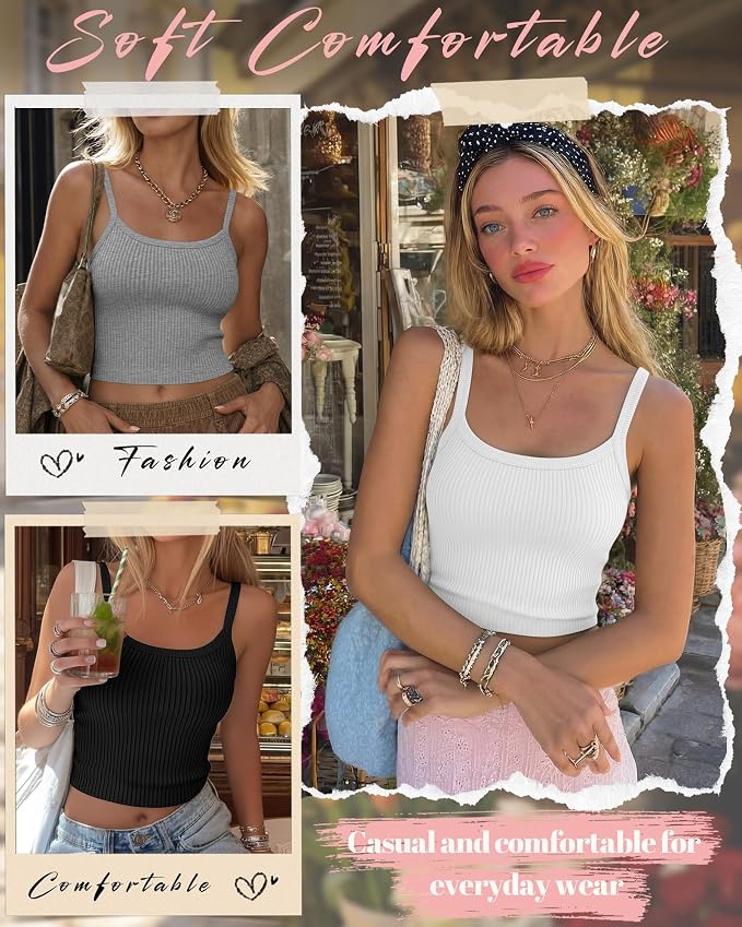 Ficerd 3 Pack Women's Tank Tops 95% Cotton Spaghetti Strap Ribbed Crop Camisole Slim Fitted Basic Summer Sleeveless Layer - Image 5
