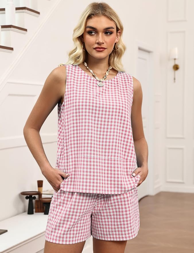 LOMON Women's Trendy 2 Piece Outfits Shorts Sets Summer Crew Neck Sleeveless Tank Top and Bottom Matching with Pockets 2026 - Image 4