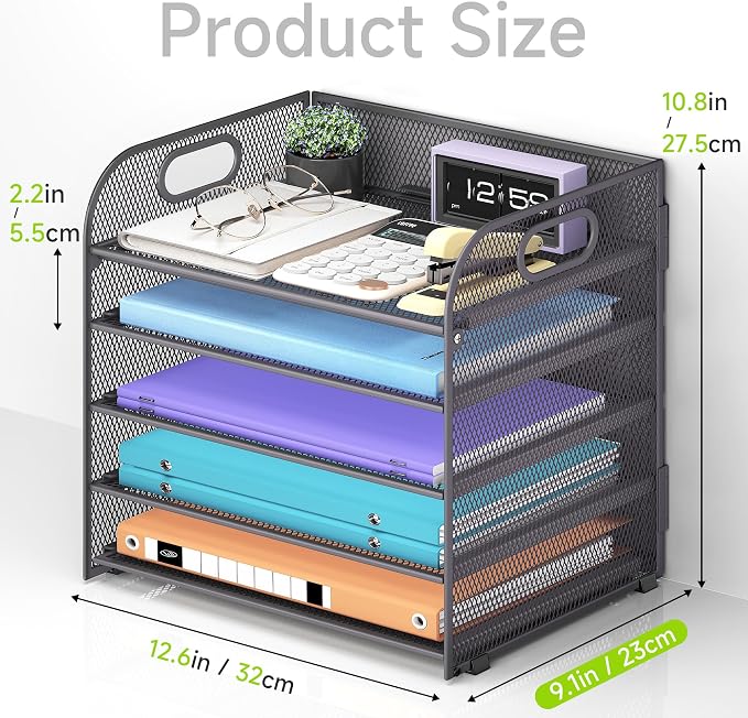 Cawukege 5 Tier Paper Organizer with Handle, Grey Metal Mesh Desk Organizer File Folder Paper Letter Tray Desktop Document Sorter for Classroom, School, Office Accessories Organization and Storage - Image 5