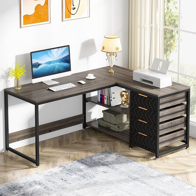Tribesigns L Shaped Computer Desk with Storage Drawers, 59 inch Corner Desk with Shelves, Reversible L-Shaped Office Desk Writing Table Workstation for Home Office, Grey by Unknown