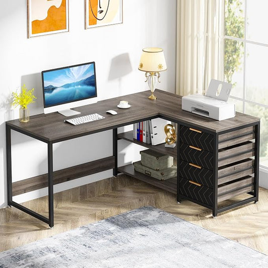 Tribesigns L Shaped Computer Desk with Storage Drawers, 59 inch Corner Desk with Shelves, Reversible L-Shaped Office Desk Writing Table Workstation for Home Office, Grey by Unknown