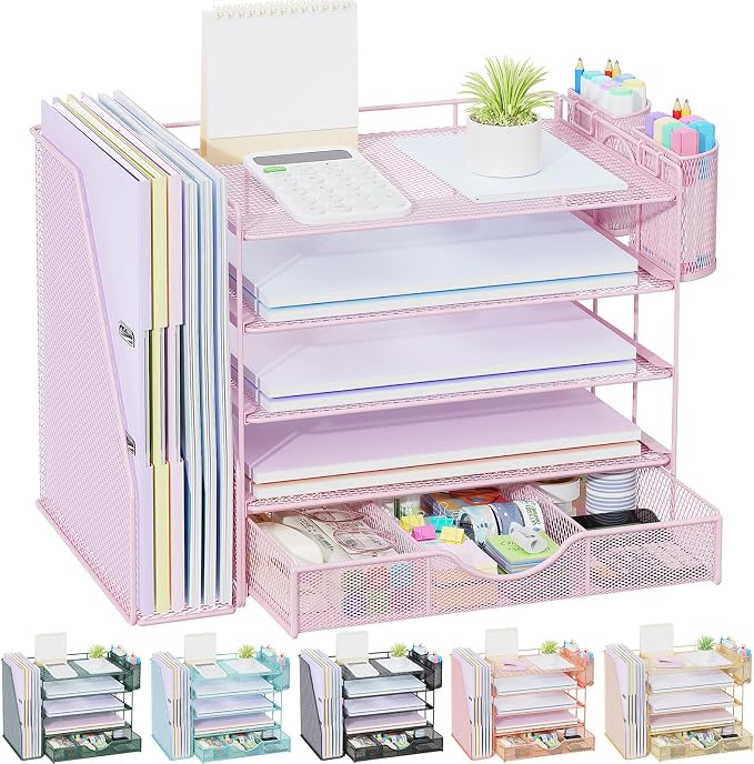 gianotter 5-Tier Desk Organizer with Drawers and File Holders | Letter Trays and Pen Holders - Workspace Accessories for Office Supplies (Pink) by gianotter