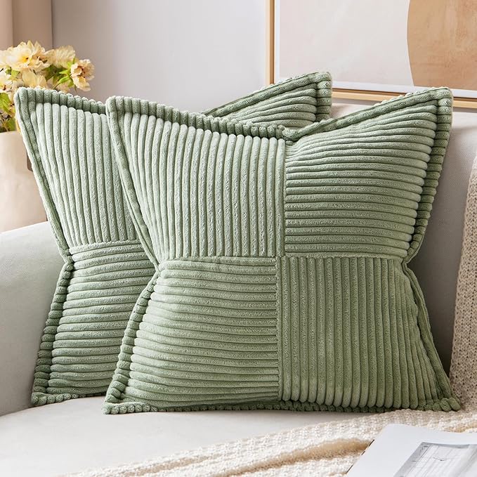 MIULEE Spring Decorative Throw Pillow Covers for Couch Bed Livingroom 18x18 Inch Set of 2 Sage Green Boho Accent Throw Pllows Broadside Striped Patchwork Soft Corduroy Pillowcases by MIULEE