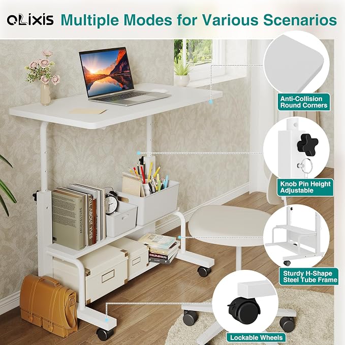 OLIXIS Rolling Desk, Storage Shelves, Laptop Table, Home Office | Height Adjustable Design, Computer Desks on Wheels, Portable for Small Spaces Use, White - Image 4