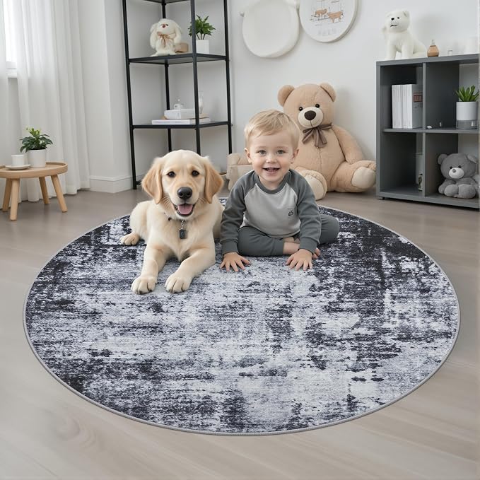 Round Area Rug for Living Room: 4 ft Washable Modern Abstract Soft Thin Rug Indoor Floor No Slip Stain Resistant Carpet for Bedroom Dining Room Farmhouse Nursery Home Office - Dark Black - Image 2