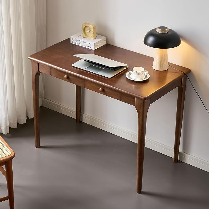 40" Walnut Solid Wood Desk with Drawers,Mid Century Modern Natural Real Wood Writing Desk,Home Bedroom Small Spaces Computer Office Workstation Desks - Image 8