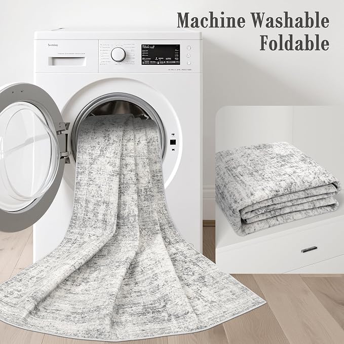 8x10 Area Rug Living Room Rug: Washable Modern Abstract Soft Thin Rug Indoor Floor No Slip Carpet for Bedroom Dining Room Farmhouse Nursery Home Office - Retro Black Grey - Image 7