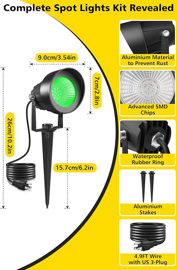 T-SUN Green Spotlight Outdoor, Waterproof LED Landscape Lighting with US Plug, Easy Install 270° Adjustable Outdoor Spot Lights for Garden Tree Yard Decor - Image 3