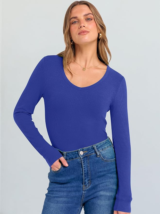 ANRABESS Long Sleeve V Neck Shirts for Women | Soft Comfy Ribbed Knit Fitted Tshirts, Casual Going Out Tops, 2026 Trendy Basic, Fall Winter Underscrub Layering Clothes - Image 2