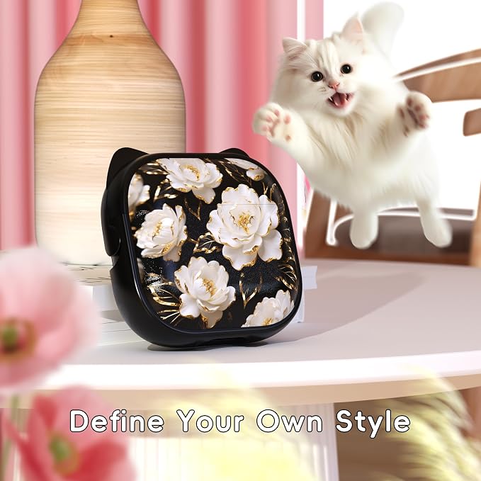 for AirPods 4 Case with Cleaning Kit, Cute Cat Ear Print Design & Cute Buckle, Inverted Phone Holder Design, Top Safe Lock Buckle Design, for Girls AirPods 4 case 2024, Black Peony - Image 2
