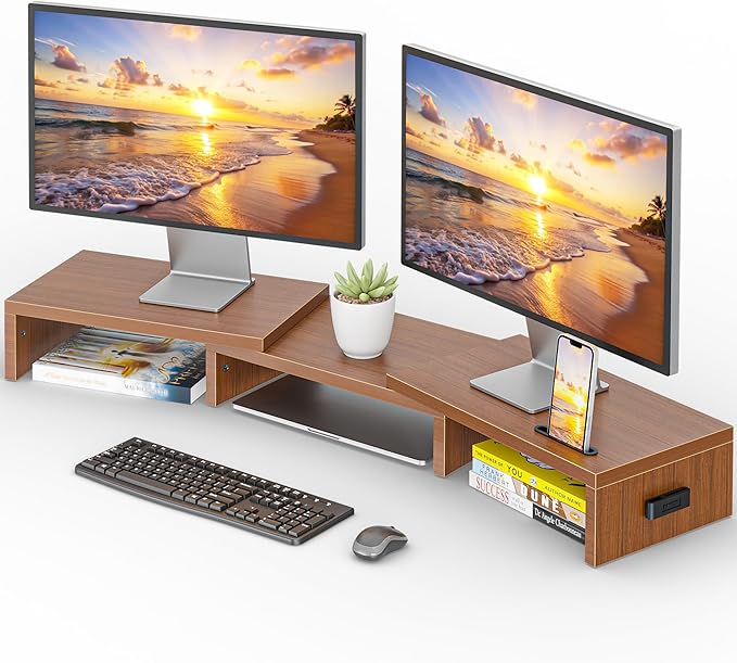 BONTEC Dual Monitor Stand Riser with Smartphone Holder, Adjustable Length & Swivel Angle, Ergonomic Wooden Desktop Organizer for PC Monitor, Laptop, Printer, Large Storage, 42.5 in, Walnut by BONTEC