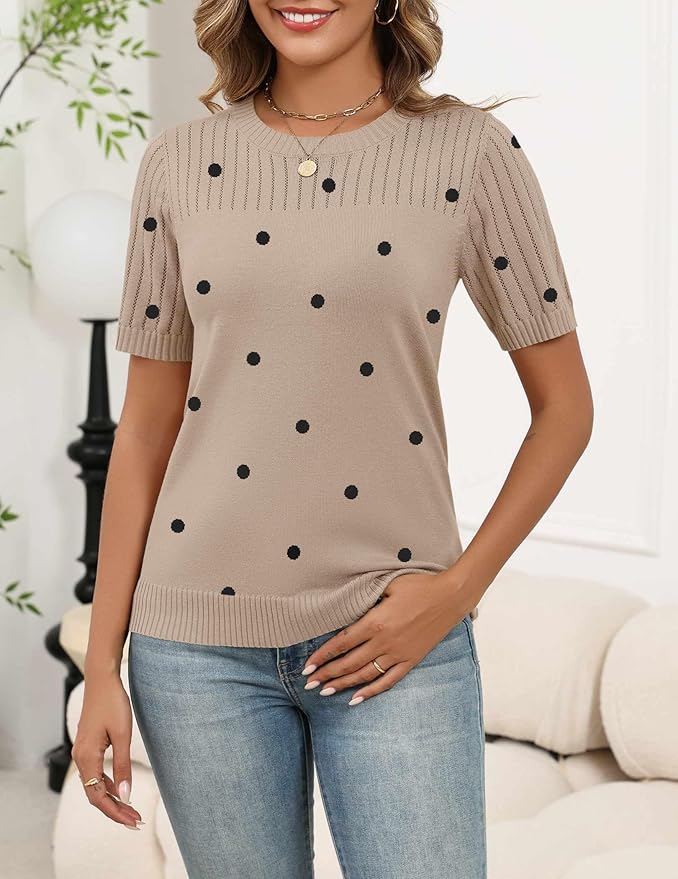 Zeagoo Women's Short Sleeve Sweater Tops 2026 Spring Summer Crew Neck Hollow Out Blouses Dressy Business Casual Outfits - Image 2