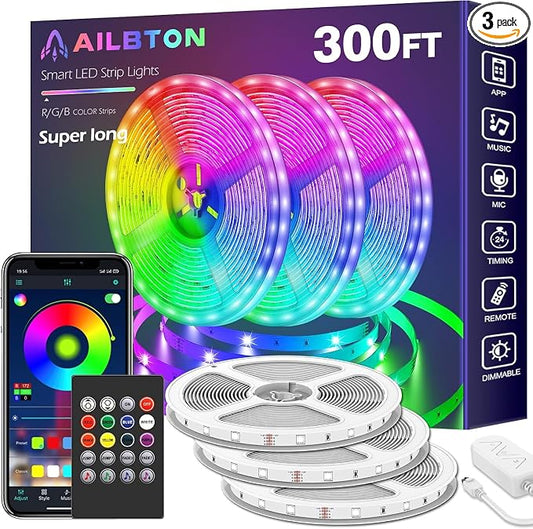 AILBTON 300ft Led Strip Lights(3 Rolls of 100ft led Lights) Ultra Long Led Light Strip with App Voice Control Remote,5050 RGB Music Sync Color Changing Led Lights for Bedroom,Party,Home Decoration by AILBTON