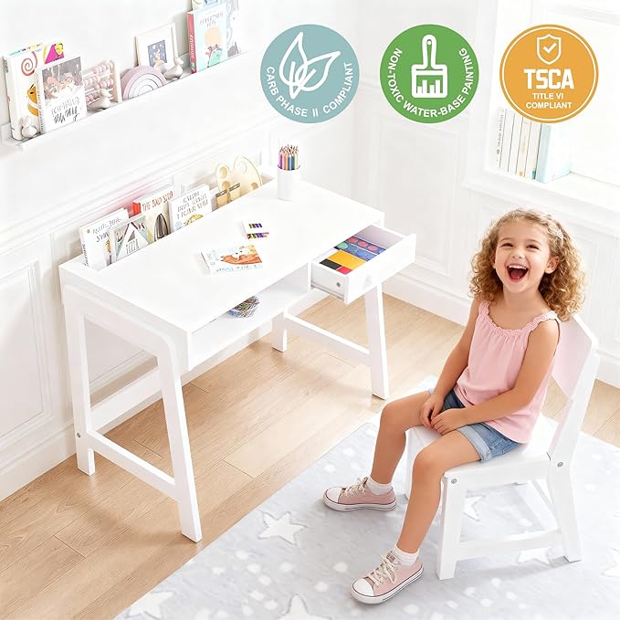 UTEX Kids Desk and Chair Set, Study Desk for Kids with Storage Bins, Wooden Children Study Table, Student Writing Desk for Bedroom & Study Room (1 Open & 1 Drawer) - Image 3