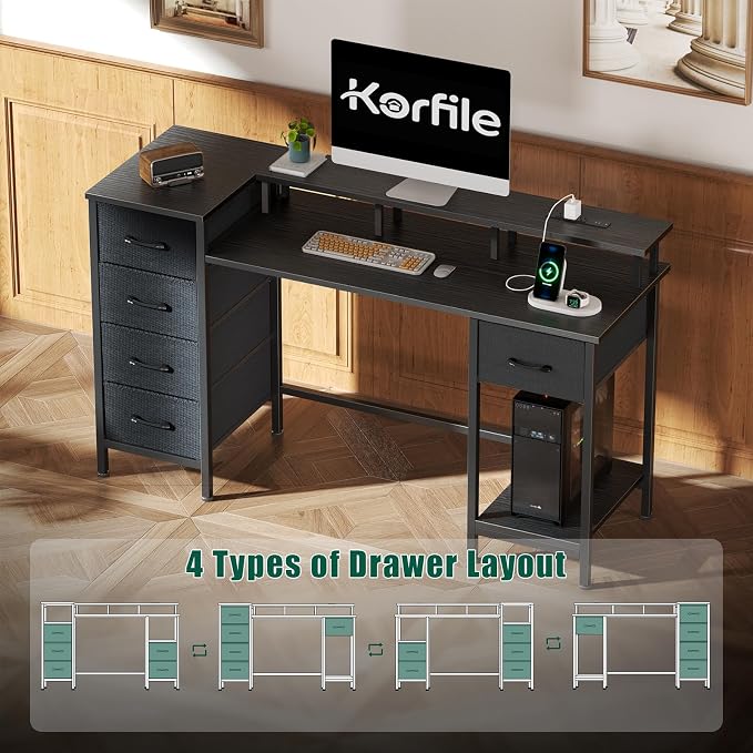 Korfile 55 Inch Gaming Computer Desk with Power Outlets,LED,5 Drawers,Black | For gaming and working,built-in power outlets and LED lights,5 fabric storage drawers, fits 55-inch, monitor stand,,black - Image 6