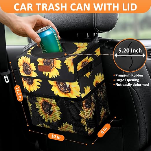 Vankor 3 Gallons Car Trash Can with Lid, Car Bag Bin Hanging Waterproof Automotive Garbage Cans Leak Proof Vehicle Trash Can Sunflower - Image 2