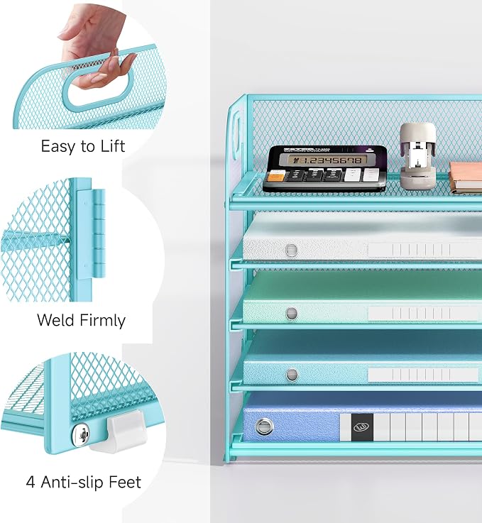 Lavatino Desk Letter Tray Paper Organizer for Desk 5-Tier with Handle Mesh Desktop File Organizer Paper Holder for Classroom Office Accessories - Blue - Image 3