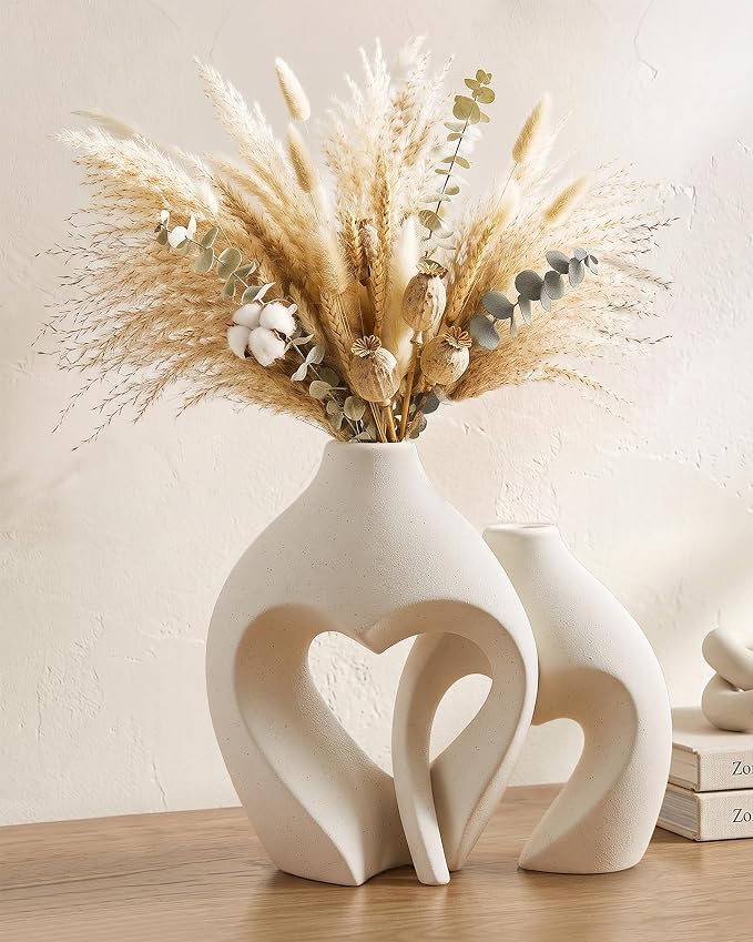 White Ceramic Flower Vase Home Table Decor Heart Shaped Vase Set of 2 | Boho Heart Shaped Minimalist Decorative Vases for coffee Table Centerpiece Wedding Dining Living Room Office House Decoration by Zormon