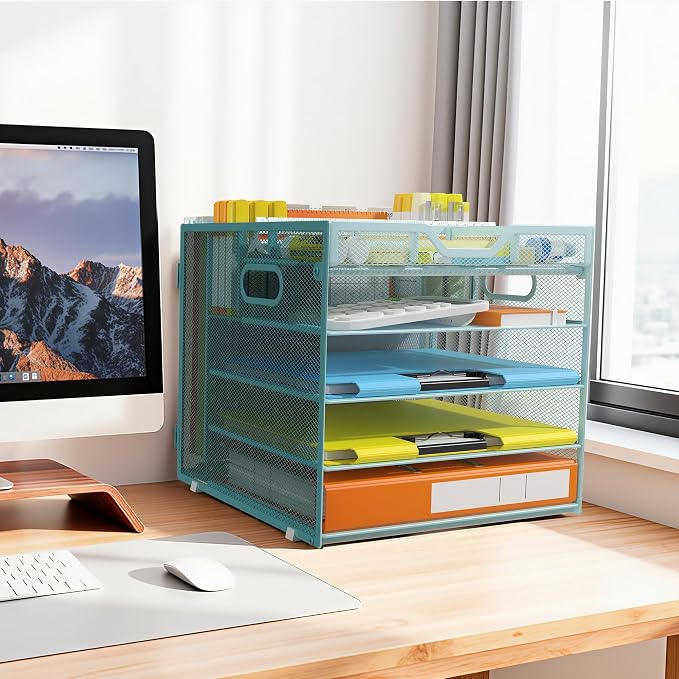 Docnest 5 Tier Desk Organizer with Hanging File Folder Holder&Tray, Blue | Features 3 detachable pen holders and 4 removable dividers.Versatile mesh desktop storage for mail, document,office supplie - Image 6