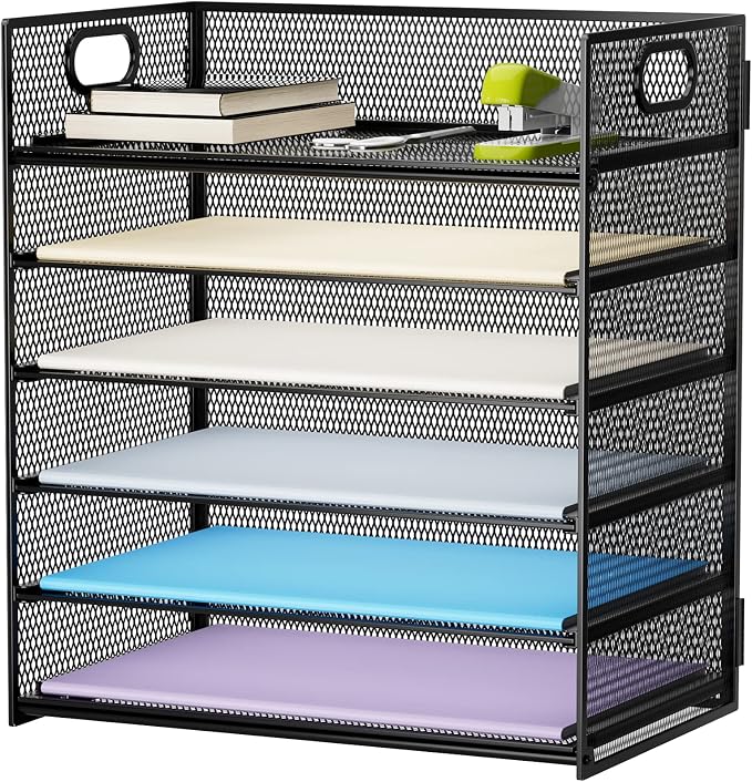 Marbrasse 6 Tier Paper Organizer Letter Tray - Mesh Desk File Organizer with Handle, Paper Sorter Organizer for Letter/A4 Office File Folder Holder - Black by Marbrasse