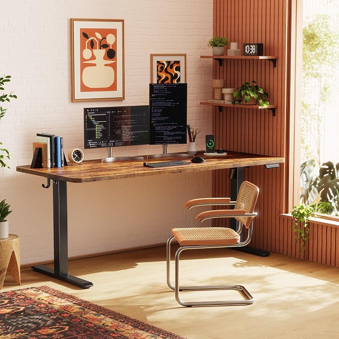 Huuger 63 X 24 Inch Electric Standing Desk with Power Outlets and USB-C Port, Height Adjustable Desk, Sit Stand Desk for Home Office, Computer & Gaming Desk with 4 Presets, Rustic Brown - Image 2
