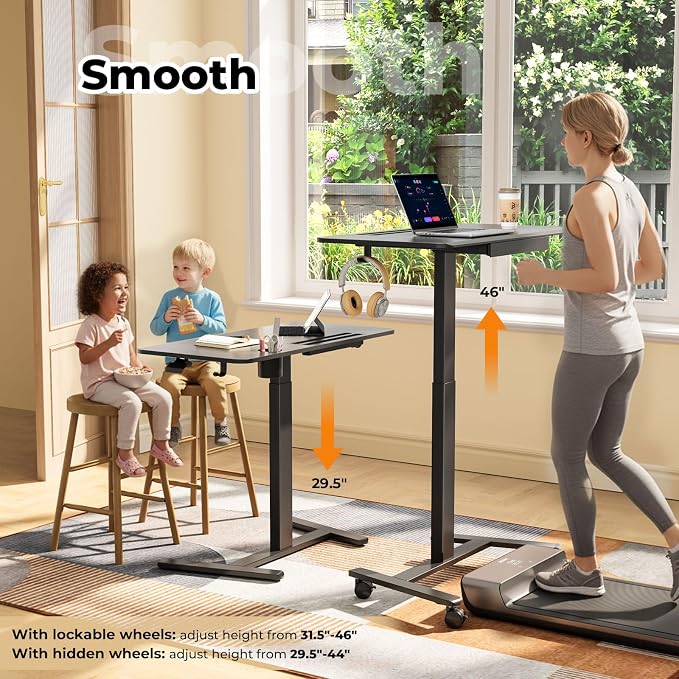 40"×20" Mobile Desk with Drawer, Rolling Desk with Storage | Height Adjustable Portable Laptop Desk on Wheels, Small Computer Desk with Cup Holder and Hooks for Study & Work, Black - Image 4