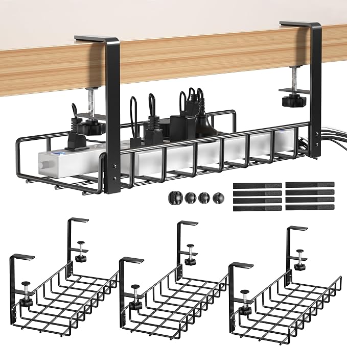 3 Pack Cable Management Under Desk Tray, 47.1" No Drill Under Desk Wire Management with Upgraded Clamp, Metal Cord Organizers with Cable Organizers, PC Cord Organization Rack, Black by Xpatee