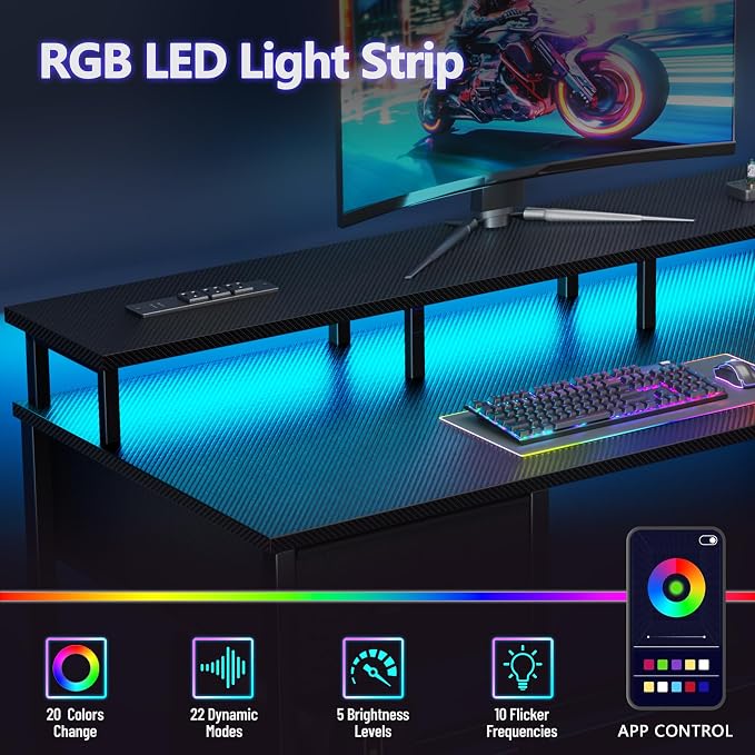 Korfile 47 Inch Computer Gaming Desk with Power Outlets & LED Lights Reversible Home Office Desk with Adjustable 5 Fabric Storage Drawers for Working Writing Study, Carbon Fiber Black | For gaming and working,built-in power outlets and LED lights,5 fab... - Image 4