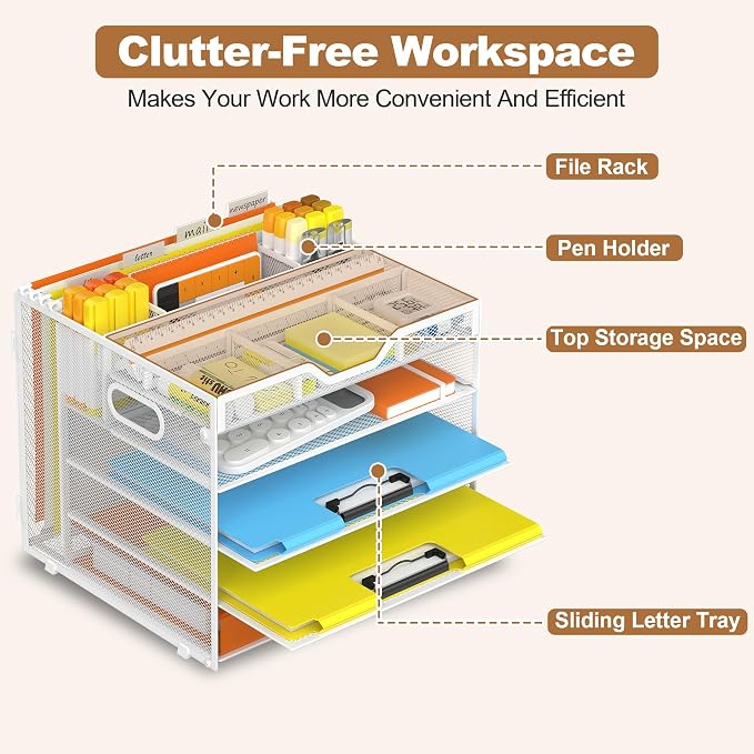 Docnest 5 Tier Desk Organizer with Hanging File Folder Holder&Tray, White | Features 3 detachable pen holders and 4 removable dividers.Versatile mesh desktop storage for mail, document,office supplie - Image 4