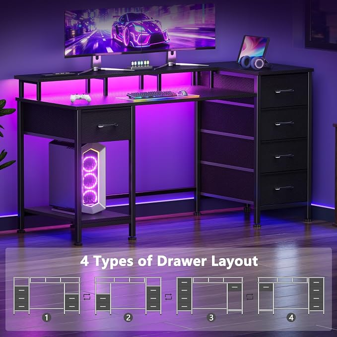 Korfile 47 Inch Computer Gaming Desk with Power Outlets & LED Lights Reversible Home Office Desk with Adjustable 5 Fabric Storage Drawers for Working Writing Study, Carbon Fiber Black | For gaming and working,built-in power outlets and LED lights,5 fab... - Image 8