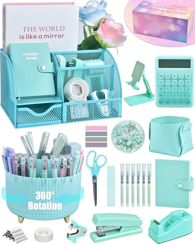 LXEVIHK 21Pcs Green and Blue Desk Organizers and Accessories With Mesh Desk Organizer and 360°Rotating Pen Holder and a Lot of Office Green Office Supplies Beautifully Presented in a Gift Box by StyleYourDeskinOneColor