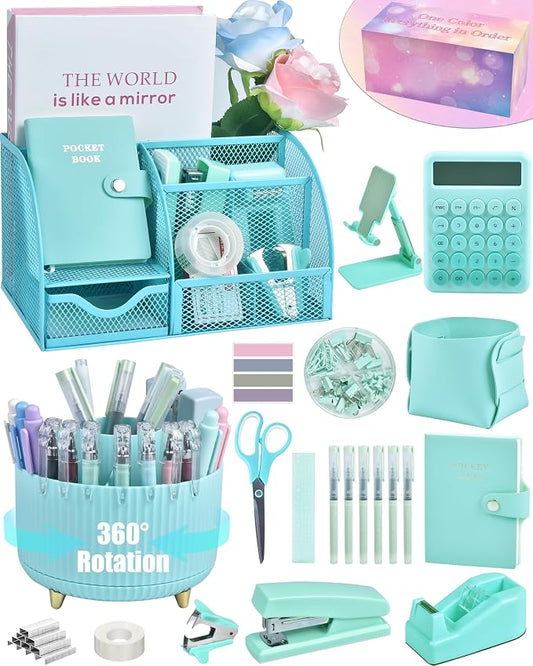 LXEVIHK 21Pcs Green and Blue Desk Organizers and Accessories With Mesh Desk Organizer and 360°Rotating Pen Holder and a Lot of Office Green Office Supplies Beautifully Presented in a Gift Box by StyleYourDeskinOneColor