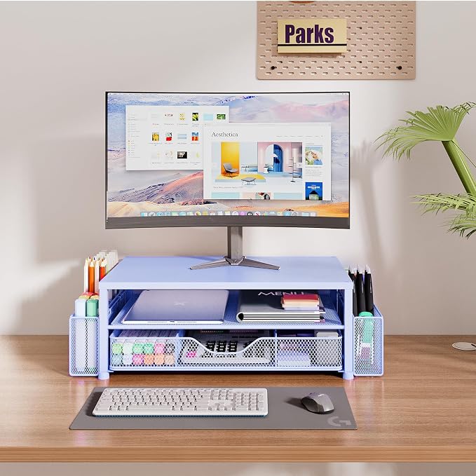OPNICE Desk Organizers and Accessories, 2-Tier Computer Monitor Stand Riser with Drawer and 2 Pen Holders, Laptop Stand, Office Desk Accessories for Office Supplies, Blue - Image 2