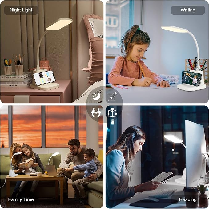LED Desk Lamp with 10W Wireless Charging & Pen Holder, Snow White | CRI 95, 800LM, Stepless Dimming, 3 Modes, 360°Flexible Arm, Touch, Study Table Lamp for Home Office, Dorm Room, with Adapter - Image 7