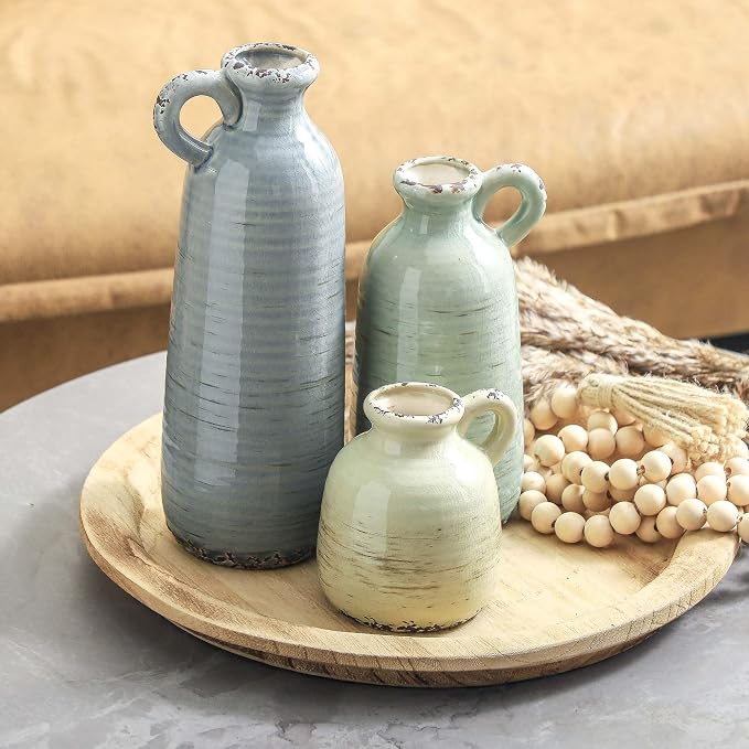 Ceramic Vase Set of 3 | Neutral Vase Home Decor with Handle | Pottery Modern Farmhouse Vases Pampas Grass Flower Vases for Home Decor Table Living Room Centerpieces Mantel Decor - Multicolor - Image 5