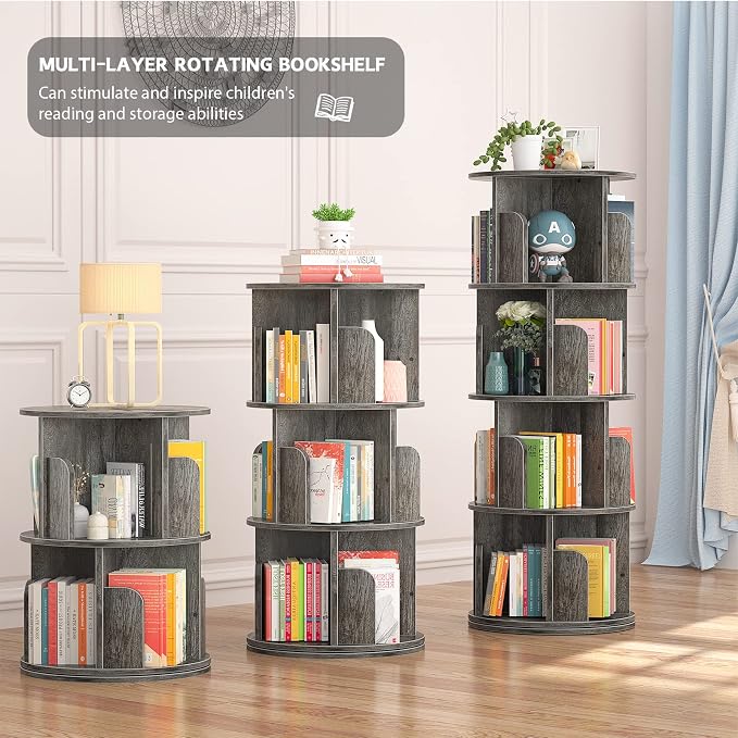 Aheaplus Rotating Bookshelf, 360 Display Corner Bookshelf for Small Space, 4 Tier Floor Standing Bookcase Storage Rack, Wood Narrow Book Shelf Organizer for Bedroom, Living Room, Study Room, Grey Oak - Image 5