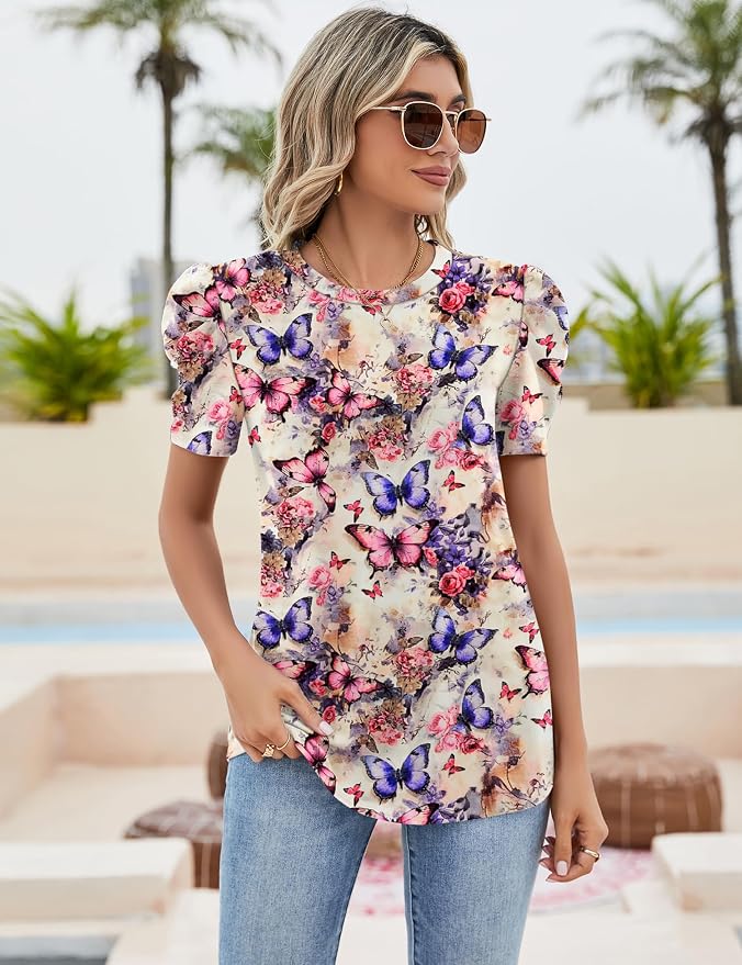 Ivicoer Puff Short Sleeve Shirt for Women Eyelet Tops Summer Crewneck Blouse Loose Fit S-XXL - Image 2