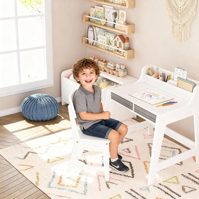 UTEX Wooden Kids Desk and Chair Set with 2 Fabrics Drawers for Study Room | Kids Study Desk with Stand-up Organizer, Water-based Paint, Student Writing Desk for Bedroom - Image 7
