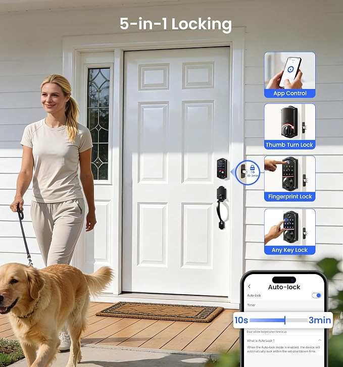 Veise VE017 Fingerprint Smart Door Lock, App Control, 8-in-1 Keyless Entry, Auto Lock, Emergency Power Port, Electronic Touchscreen Keypad, Biometric Smart Locks for Front Door, Matte Black - Image 6