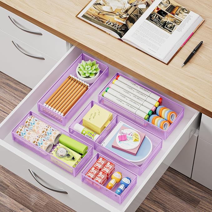 Marbrasse 5 Pack Desk Drawer Organizer Set, Mesh Drawer Storage Trays with 1 Adjustable Divider, Desk Organizers and Accessories, 5 PCS Drawer for Office Supplies, Makeup & Vanity (Purple) - Image 6