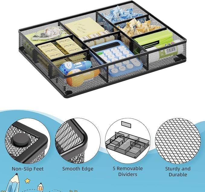 Marbrasse Desk Drawer Organizer, Metal Mesh Drawer Organizer Tray with 5 Adjustable Compartments,Desk Organizers and Accessories for Home,Office,Kitchen,Makeup,Vanity (Black) - Image 5