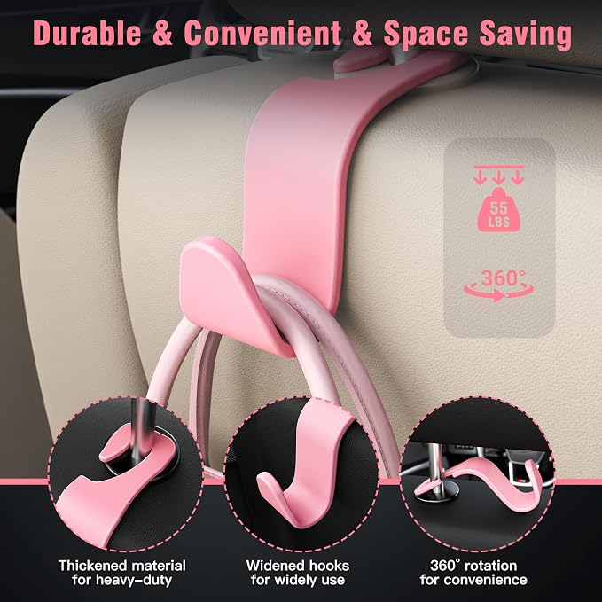 Amooca 4-Pack Car Headrest Hooks –Holds 55lbs Vehicle Storage Organizer Hanger for Purses Handbags Groceries Backpack Coats 360° Rotating Pink - Image 4