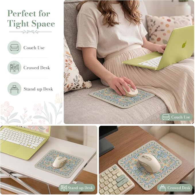 iCasso Aesthetic Small Mouse Pad, 9.5x7.9in,Home Office, Green Floral | Mini Portable Travel Mousepad, Anti-Slip and Comfortable Cloth Mouse Mat with Stitched Edges for Computer, Home - Image 7