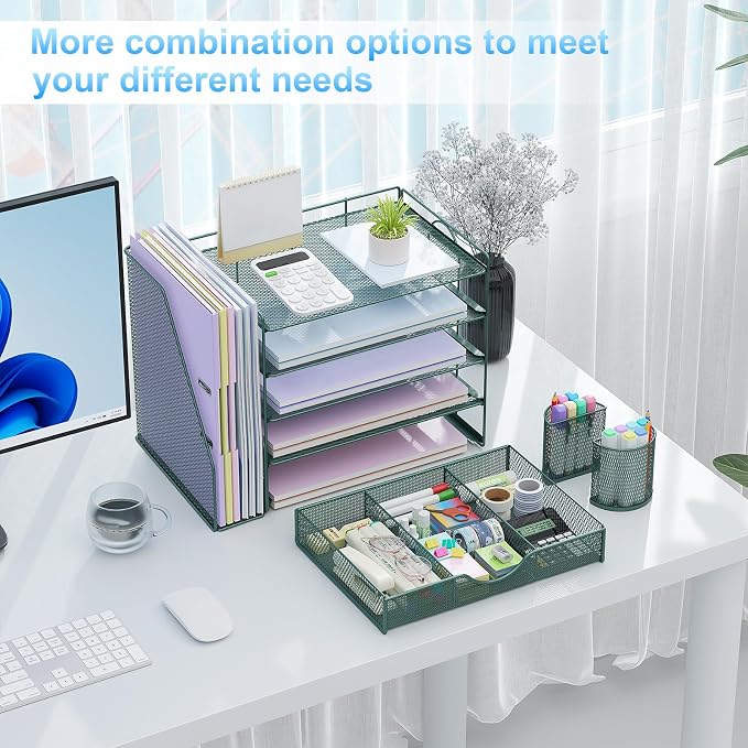 gianotter 5-Tier Desk Organizer with Drawers and File Holders | Letter Trays and Pen Holders - Workspace Accessories for Office Supplies (Green) - Image 4