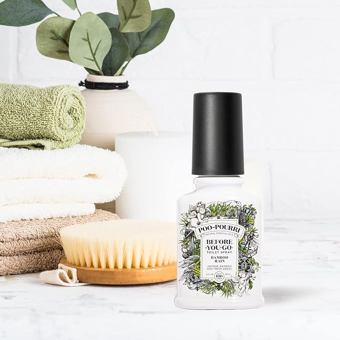 Poo-Pourri Before-You-Go Toilet Spray,Bamboo Rain,100 Uses,Bathroom Odor Deodorizer with Essential Oils for Home or Work,Travel Essentials,TSA Approved Size, Bamboo & Fresh Grass, 2 Fl Oz (Pack of 2) - Image 4